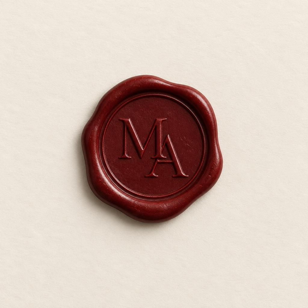 Burgundy wax seal bearing the initials MA